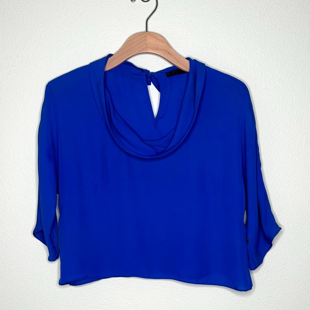 Jenni Kayne Silk Drape Neck Cropped Blouse in Royal Blue Size S